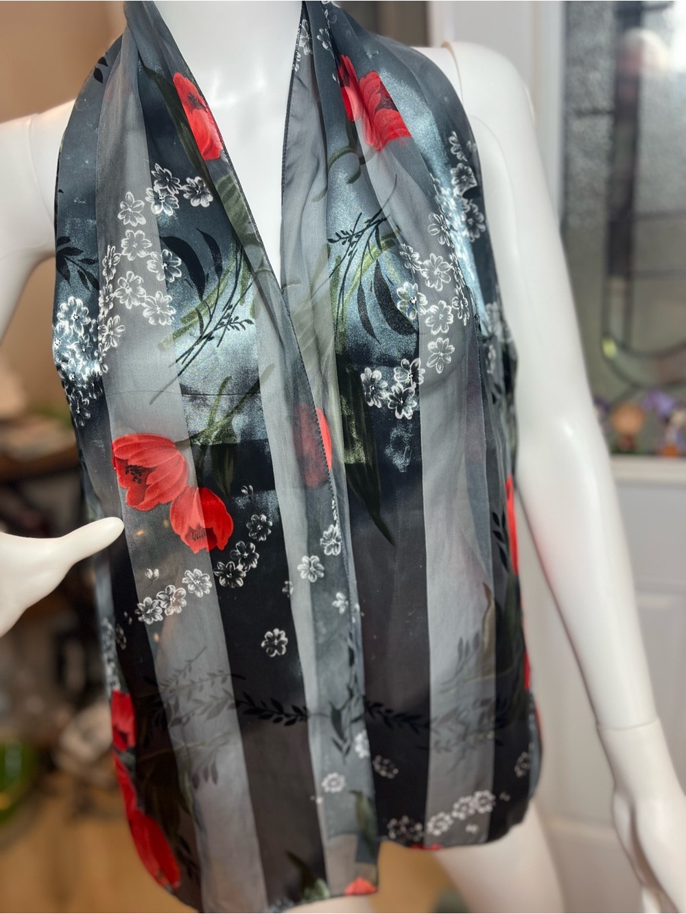 Sheer Black Floral Scarf with Red Tulip Accents
